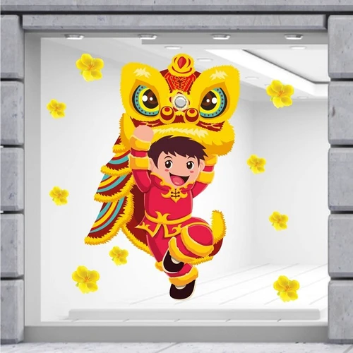 Decal trang trí tết bé múa lân ngày tết mẫu 2