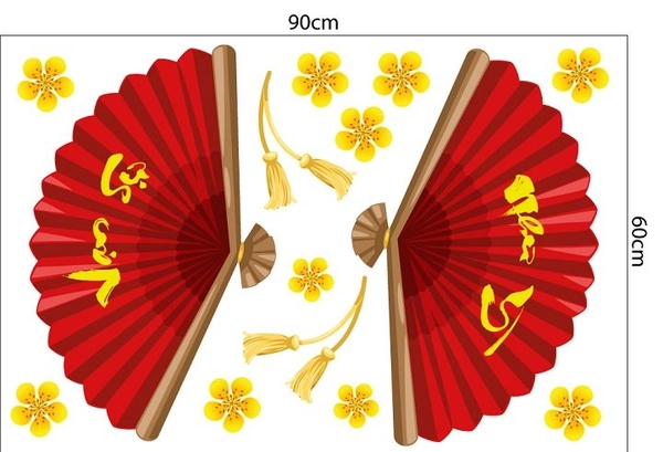 Decal trang trí tết đôi quạt đỏ như ý