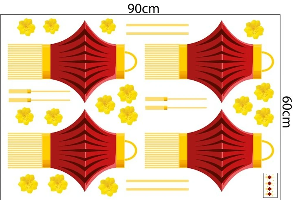 Decal trang trí tết lồng đèn đỏ bên hoa mai vàng