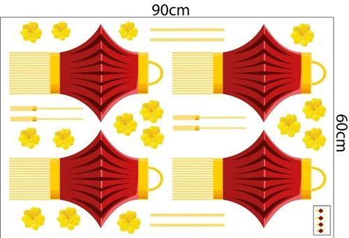 Decal trang trí tết lồng đèn đỏ bên hoa mai vàng