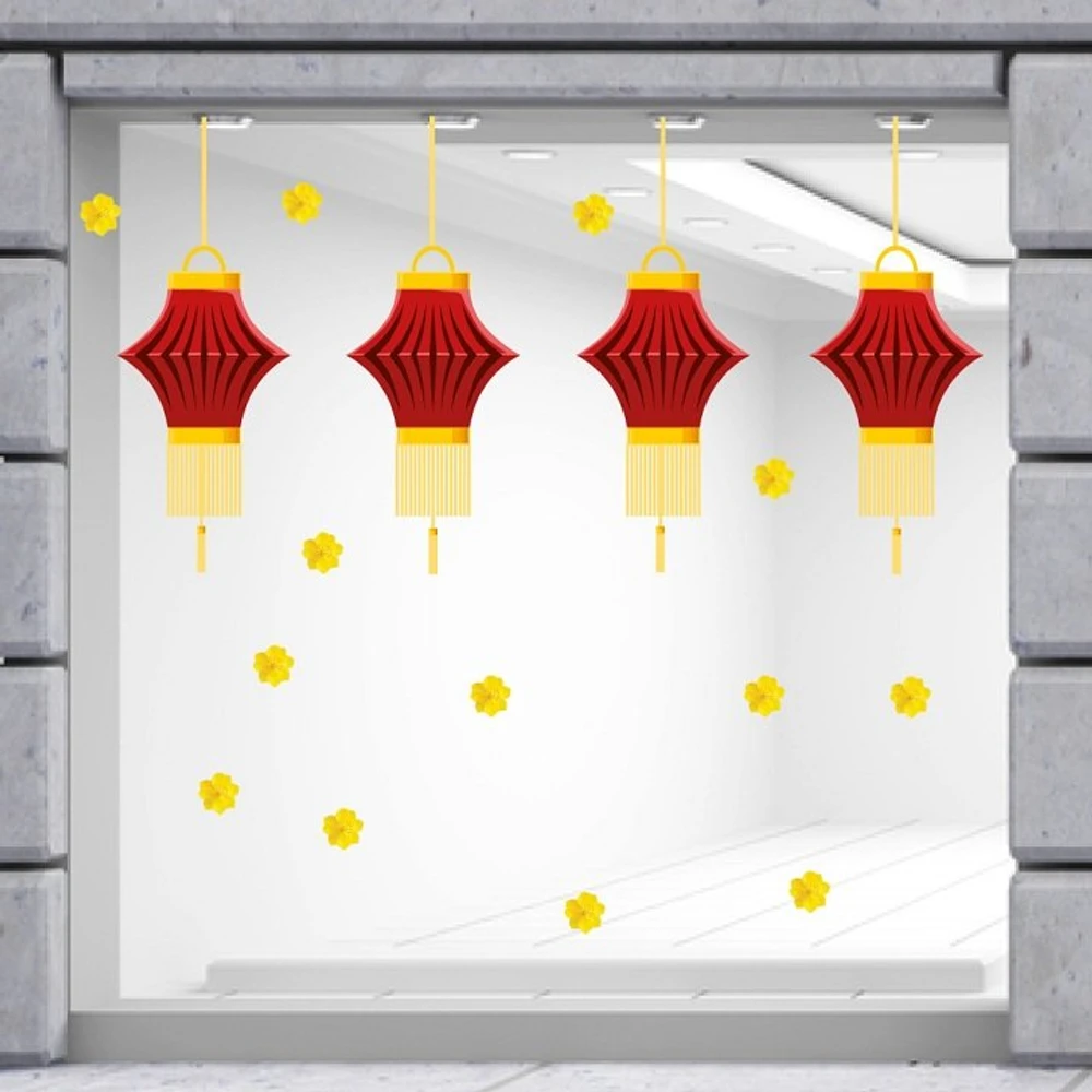 Decal trang trí tết lồng đèn đỏ bên hoa mai vàng