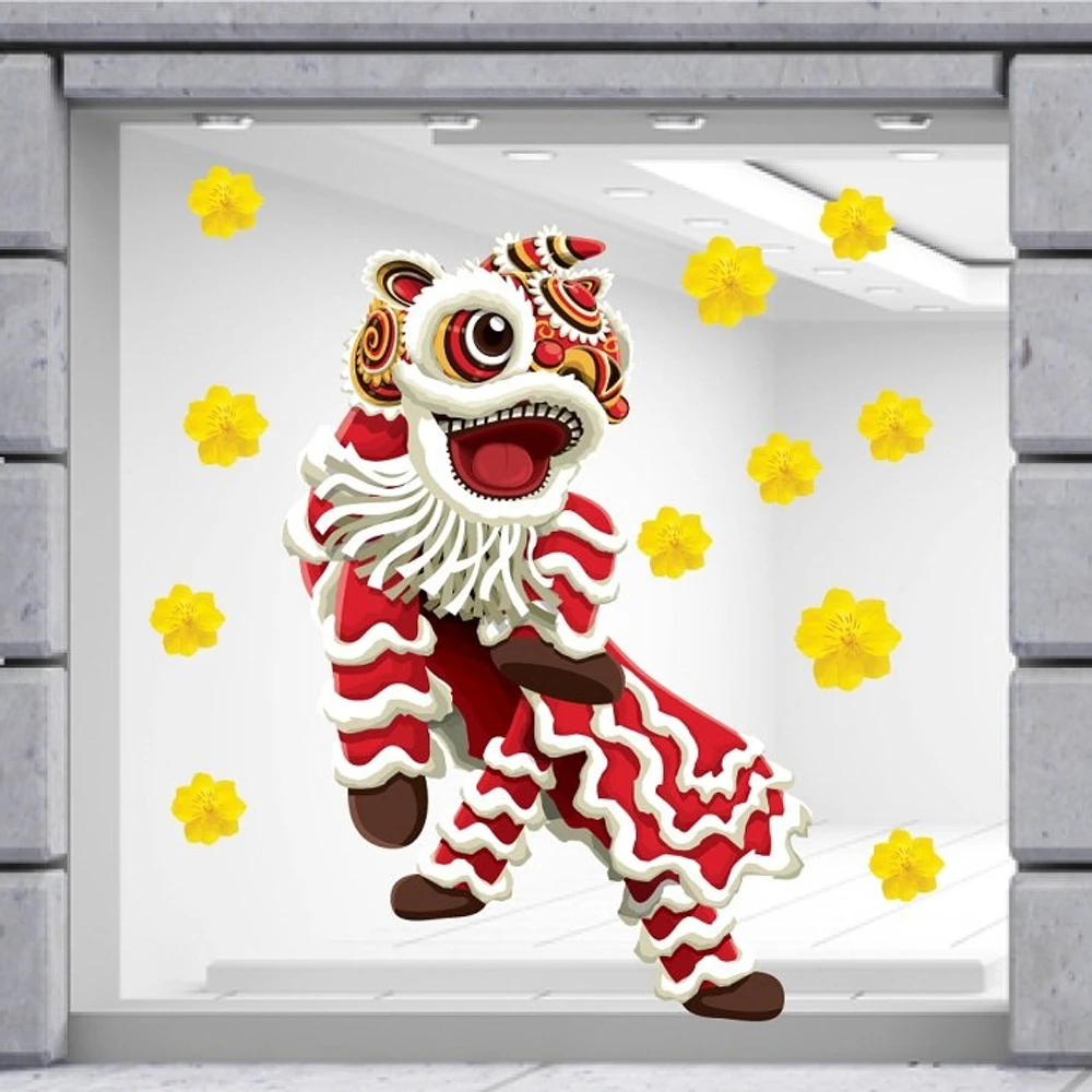 Decal trang trí tết múa lân chúc tết mẫu 2