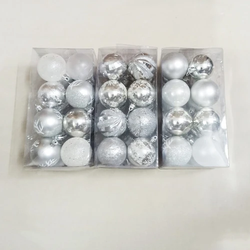 Hộp 16 quả châu sắc trắng bạc họa tiết kim tuyến trang trí noel - 4cm