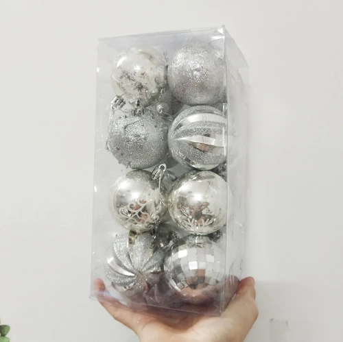 Hộp 16 quả châu sắc trắng bạc họa tiết kim tuyến trang trí noel - 4cm