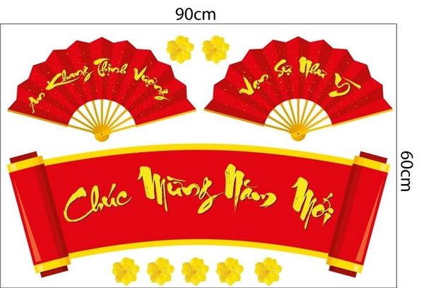 Decal trang trí tết đôi quạt đỏ như ý mẫu 2