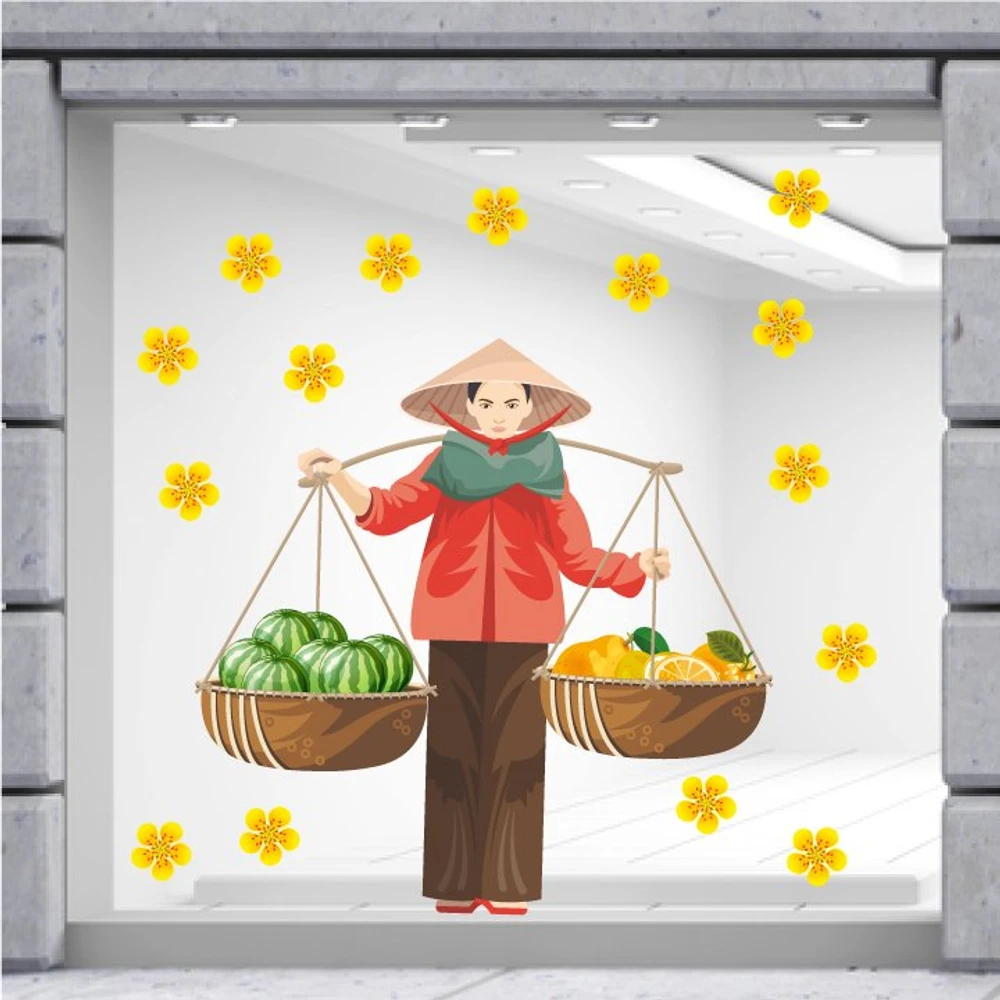 Decal trang trí tết gánh trái cây ngày tết