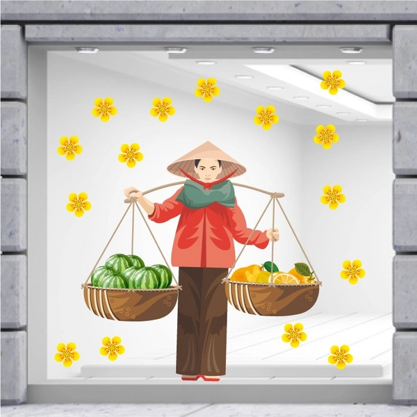 Decal trang trí tết gánh trái cây ngày tết 80x80cm