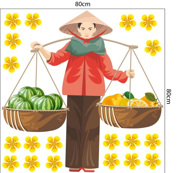 Decal trang trí tết gánh trái cây ngày tết 80x80cm