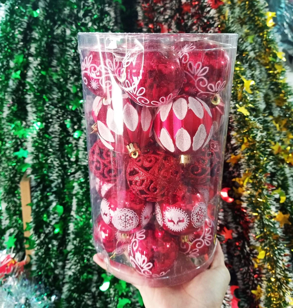 Hộp 25 quả châu sắc đỏ 4cm họa tiết kim tuyến trang trí noel