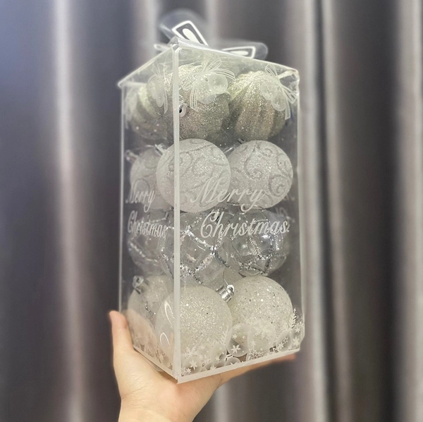 Hộp châu 16 quả 6cm xuyên thấu họa tiết trang trí noel