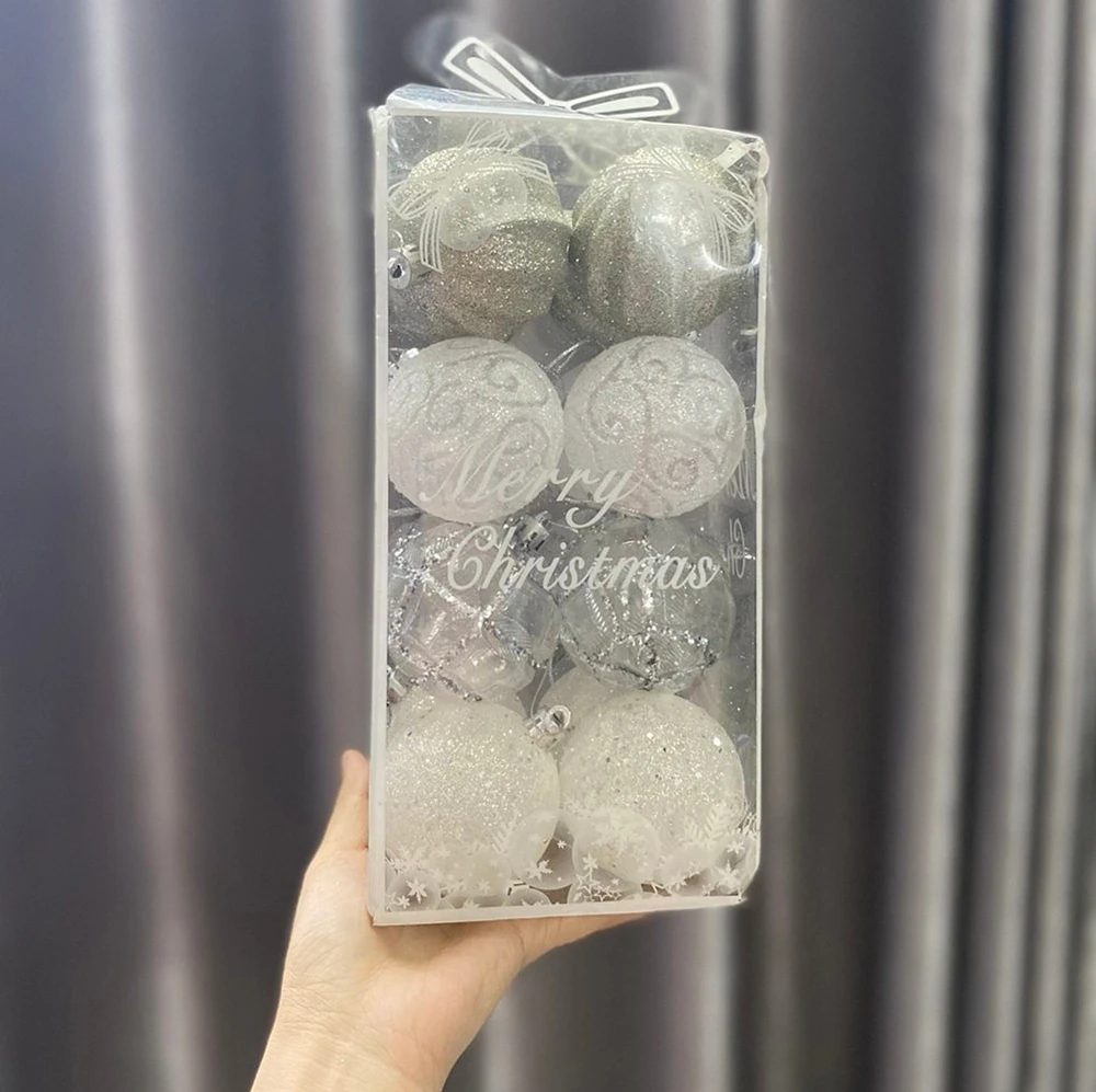 Hộp châu 16 quả 6cm xuyên thấu họa tiết trang trí noel