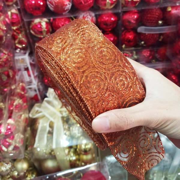 Combo 10m ruy băng lưới họa tiết nâu đỏ