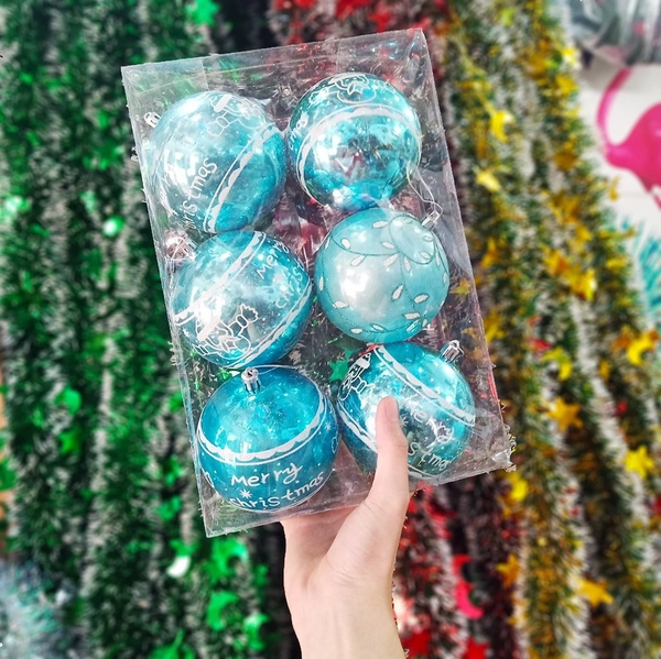 Hộp 6 quả châu 10cm họa tiết xanh dương trang trí giáng sinh