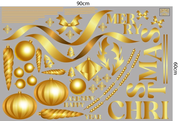 Decal trang trí noel merry christmas và đồ trang trí vàng