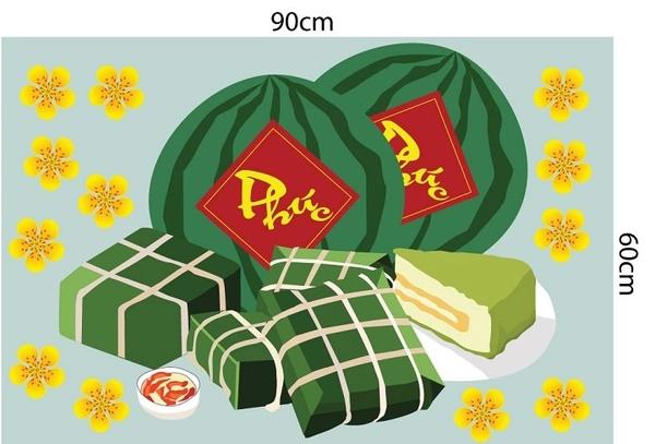 Decal trang trí tết bánh chưng xanh bên dưa hấu đỏ mẫu 3