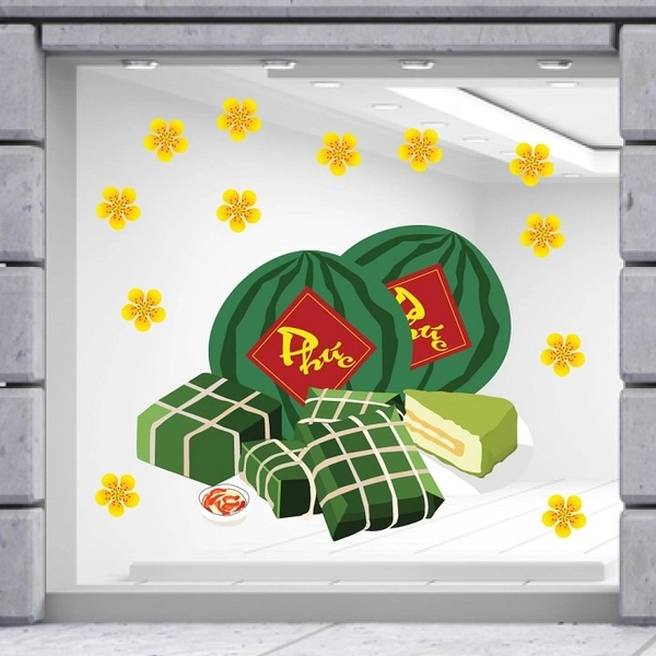 Decal trang trí tết bánh chưng xanh bên dưa hấu đỏ mẫu 3