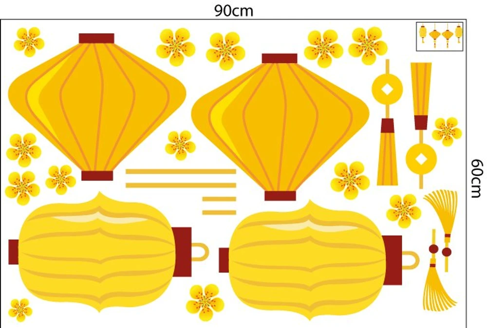 Decal trang trí tết lồng đèn vàng đón xuân mẫu 2