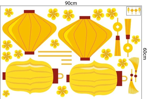 Decal trang trí tết lồng đèn vàng đón xuân mẫu 2