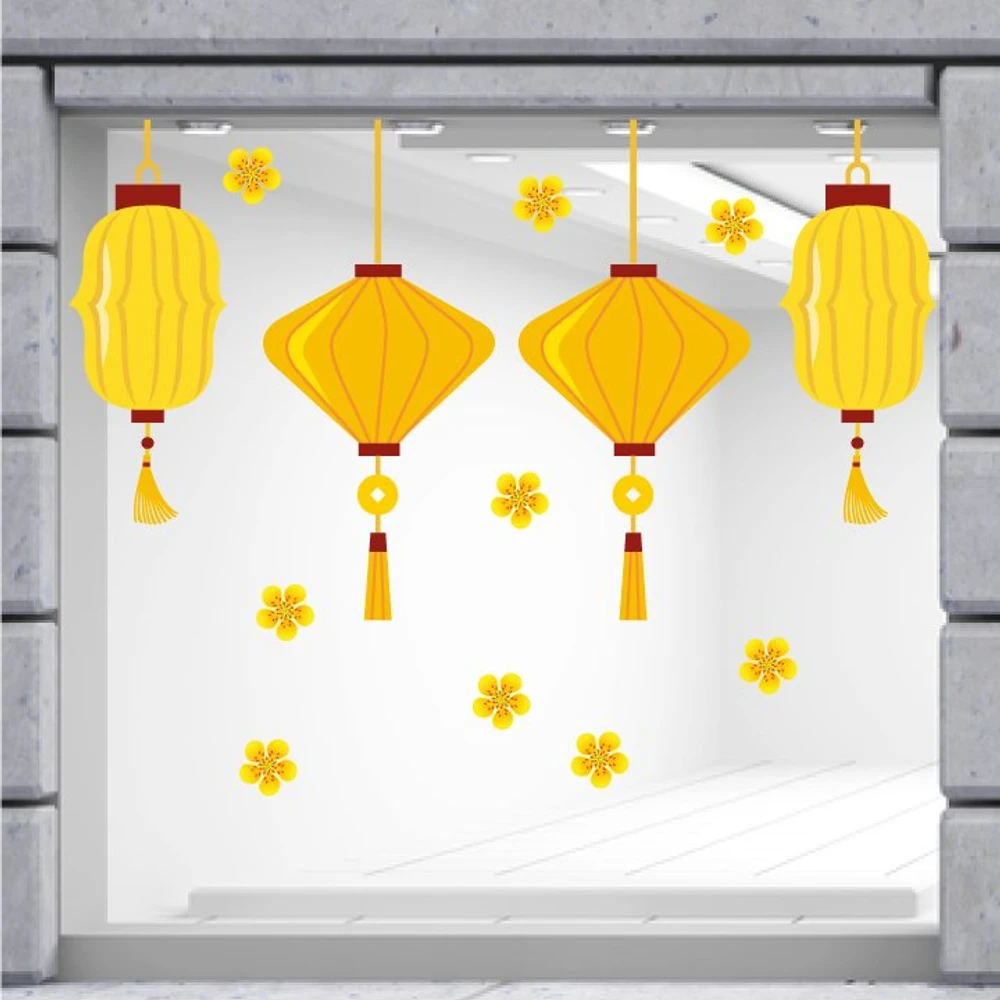 Decal trang trí tết lồng đèn vàng đón xuân mẫu 2