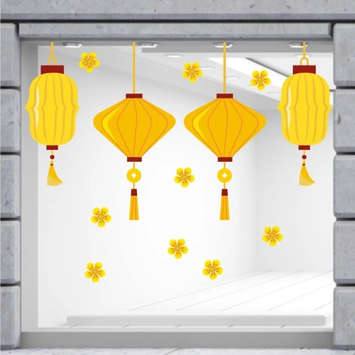 Decal trang trí tết lồng đèn vàng đón xuân mẫu 2