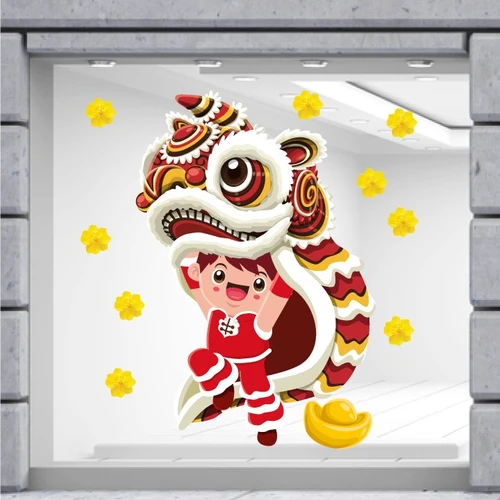 Decal trang trí tết bé múa lân đón xuân mẫu 2