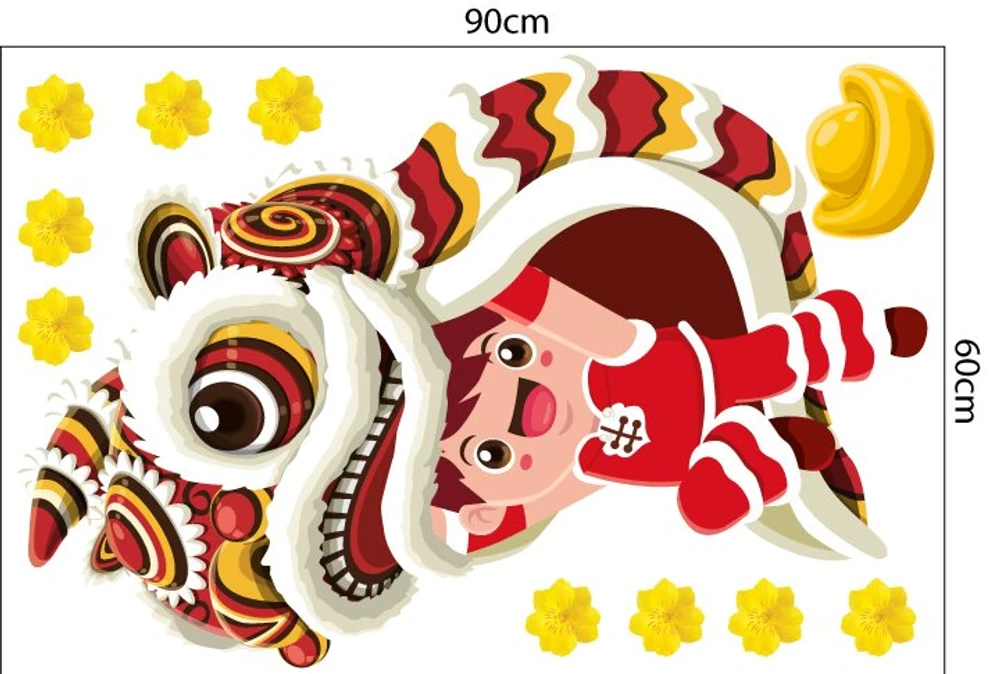 Decal trang trí tết bé múa lân đón xuân mẫu 2