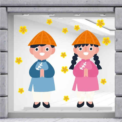 Decal trang trí tết đôi bé chúc xuân mẫu 2