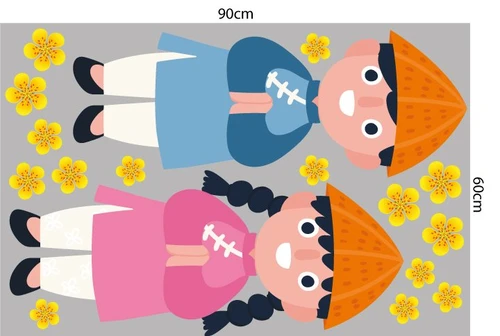 Decal trang trí tết đôi bé chúc xuân mẫu 2