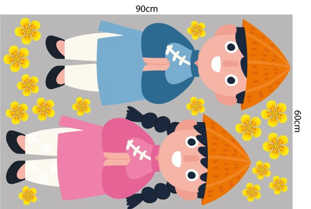 Decal trang trí tết đôi bé chúc xuân mẫu 2