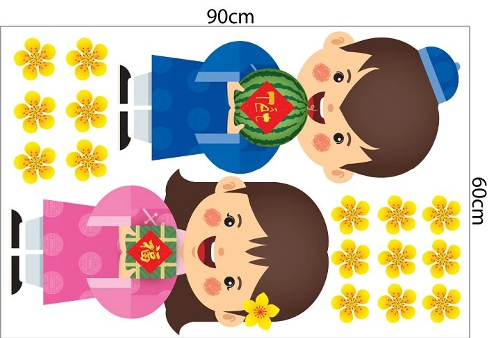 Combo Decal Trang Trí Tết Thần Tài Và Bé Đón Xuân