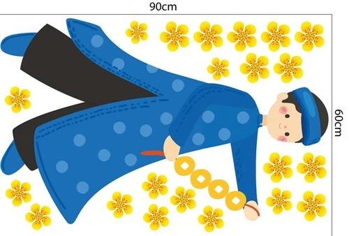 Decal trang trí tết bé mặc áo dài hái lộc đầu năm mẫu 2