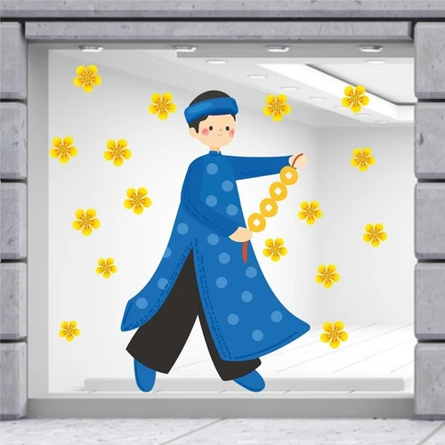 Decal trang trí tết bé mặc áo dài hái lộc đầu năm mẫu 2