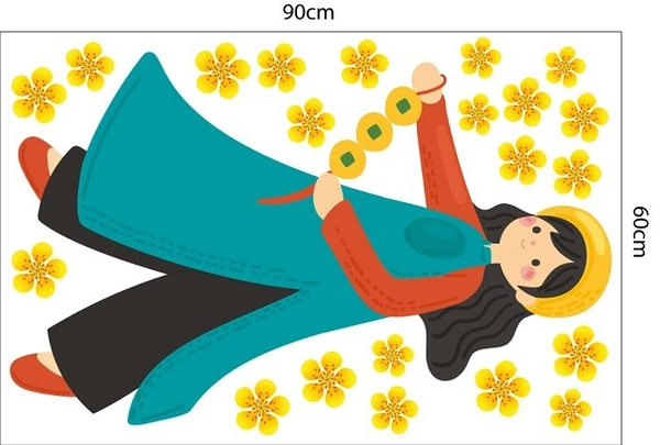Decal trang trí tết bé mặc áo dài hái lộc đầu năm