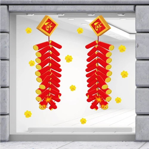 Decal trang trí tết pháo đỏ mai vàng mừng xuân