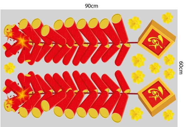 Decal trang trí tết pháo đỏ mai vàng mừng xuân