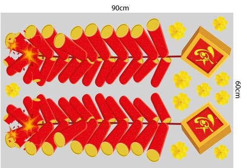 Decal trang trí tết pháo đỏ mai vàng mừng xuân
