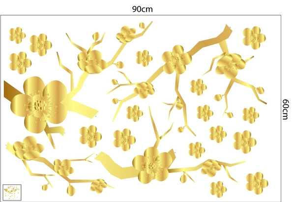 Decal trang trí tết cành mai vàng lấp lánh