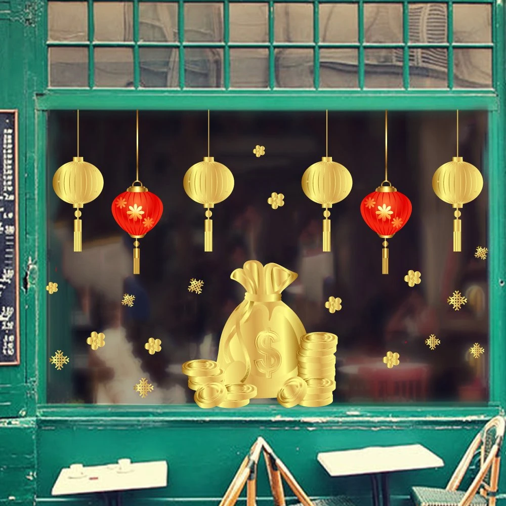 Decal trang trí tết lồng đèn treo và túi vàng