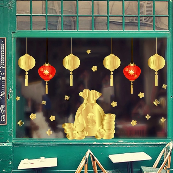 Decal trang trí tết lồng đèn treo và túi vàng
