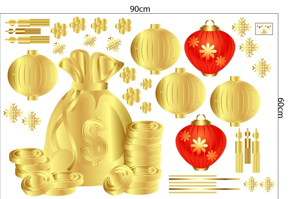 Decal trang trí tết lồng đèn treo và túi vàng