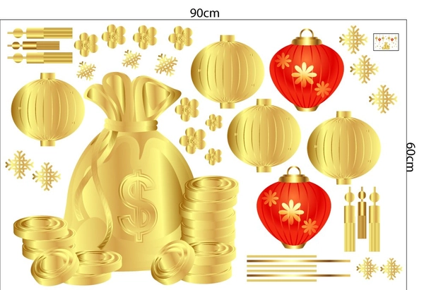 Decal trang trí tết lồng đèn treo và túi vàng
