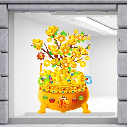 Decal trang trí tết cậu mai vàng và thỏi vàng