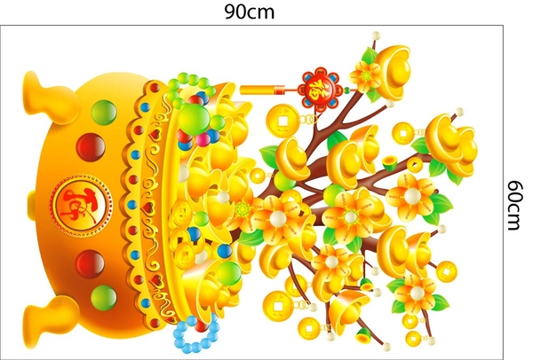 Decal trang trí tết cậu mai vàng và thỏi vàng