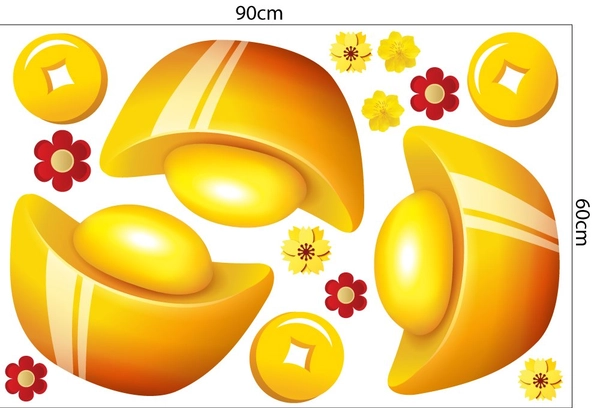 Decal trang trí tết 3 thỏi vàng may mắn