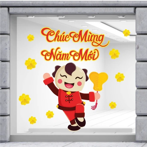 Decal trang trí tết bé nhảy múa đón xuân