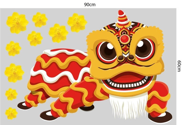 Decal trang trí tết lân vàng mừng đón xuân