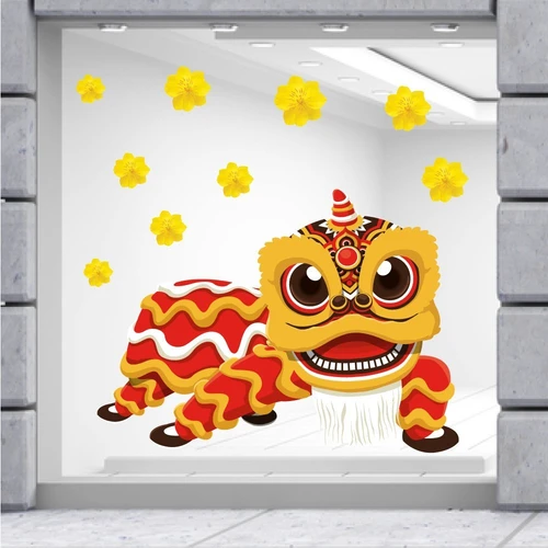 Decal trang trí tết lân vàng mừng đón xuân