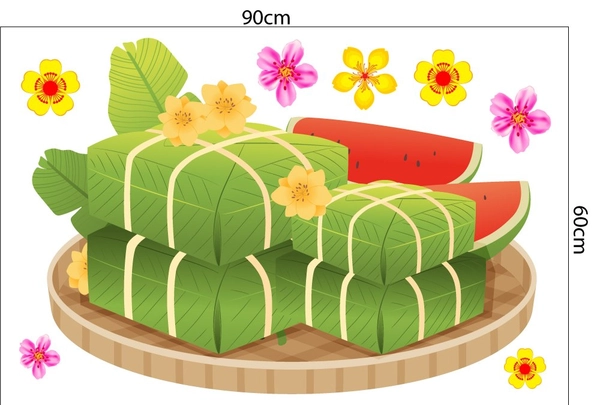 Decal mẹt bánh tết và dưa hấu đỏ 2 trang trí tết
