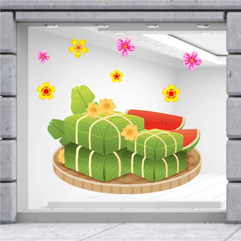 Decal mẹt bánh tết và dưa hấu đỏ 2 trang trí tết