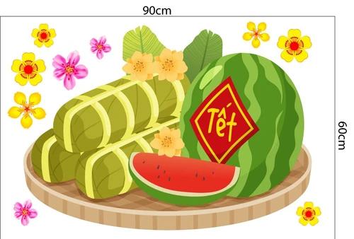 Decal mẹt bánh tết và dưa hấu đỏ 3 trang trí tết